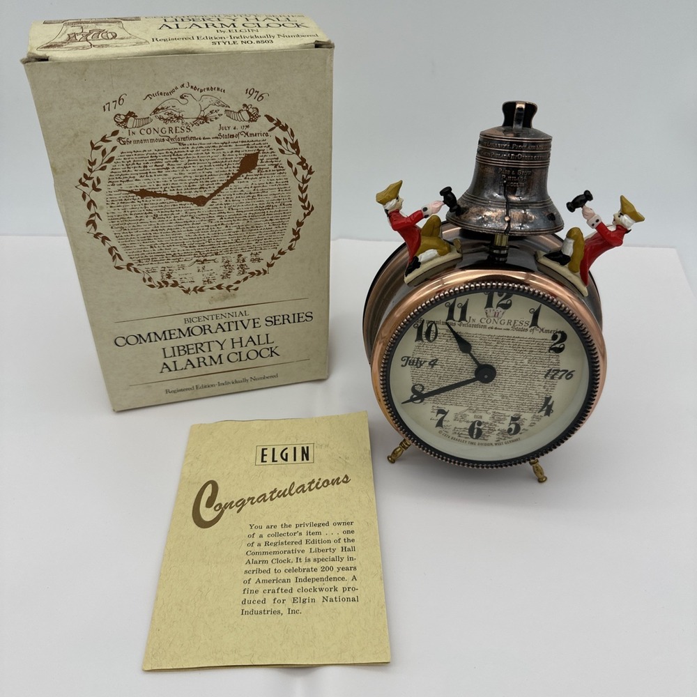 Vtg 1974 Elgin Liberty Hall Alarm Clock Bicentennial Style 8503 NOS W/ Box AS IS